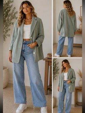 ASOS Sage Green Corduroy Blazer Jacket Women’s Oversized Lightweight Coat
